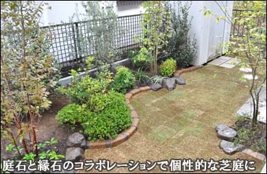 縁石と庭石の曲線デザインによる芝生の庭-松戸市A様邸