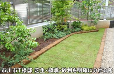 芝生と植栽のエリアを明確に分けたお庭-市川市T様邸