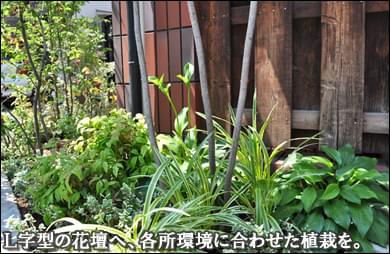 Ｌ字型花壇の各所へ環境に合わせた植栽を-新宿区Ｈ様邸