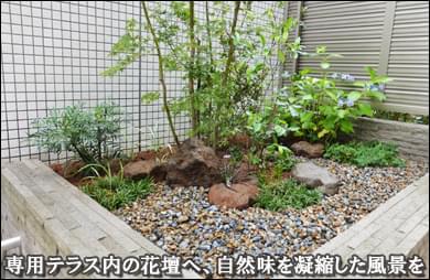 モミジが揺らぐ、小石と下草による自然風の小庭-新宿区マンションＩ様邸専用庭