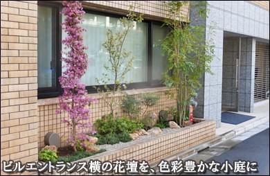 エントランス横の花壇を明るい小庭にリフォーム-千代田区Ｍビル様
