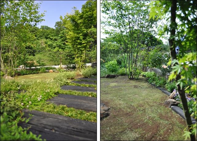 背景の里山がお庭を広大に見せる借景効果