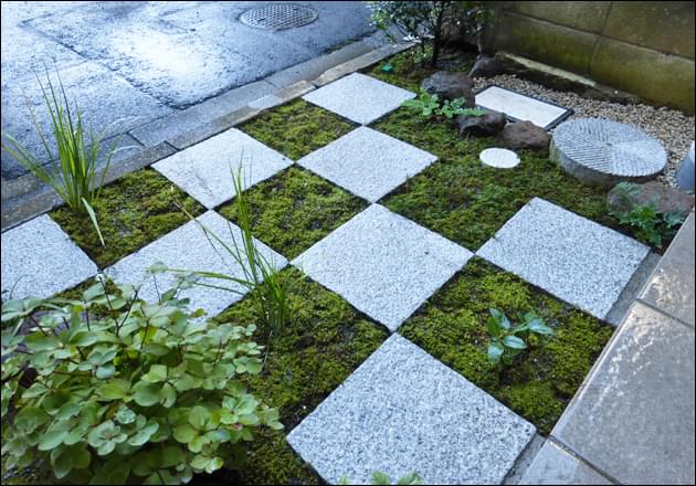 市松模様により苔がくっきりと浮かぶ庭デザイン