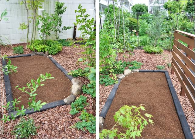 自然石も織り交ぜた家庭菜園の構成